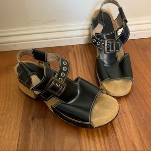 John Fluevog Black Leather Contrast Stitch Sandals